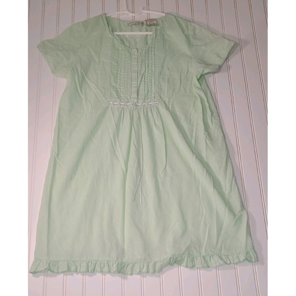 Laura Ashley 100% Cotton Vintage Nightgown M Green Gingham Lace Cottage Core